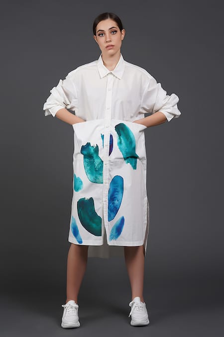 Samant Chauhan White Cotton Collared Dynamic Blue Shirt Dress