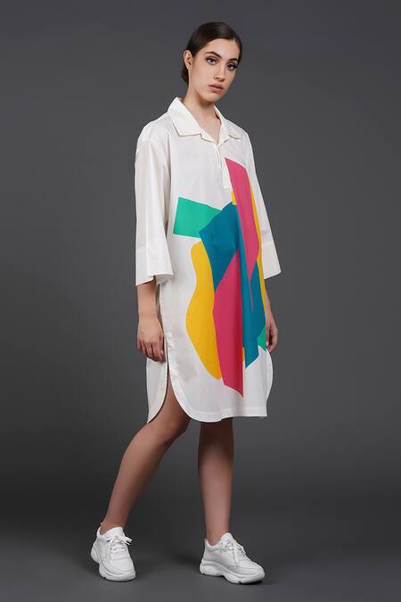 Samant Chauhan_White Cotton Collared Colour Burst Shirt _Online_at_Aza_Fashions