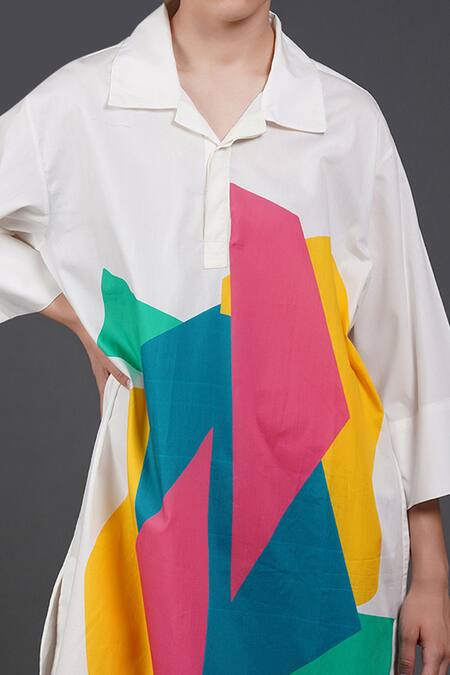 Shop_Samant Chauhan_White Cotton Collared Colour Burst Shirt _Online_at_Aza_Fashions