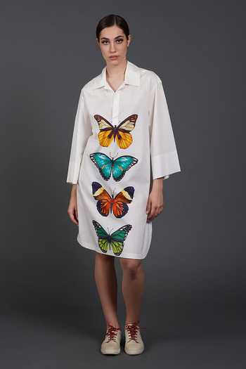 Buy Samant Chauhan White Cotton Collared Graphic Wing Shirt Dress at Aza Fashions Buy_Samant Chauhan_White Cotton Collared Graphic Wing Shirt Dress _at_Aza_Fashions