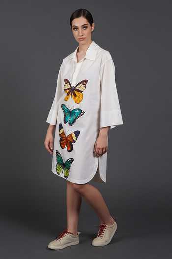 Samant Chauhan White Cotton Collared Graphic Wing Shirt Dress Online at Aza Fashions Samant Chauhan_White Cotton Collared Graphic Wing Shirt Dress _Online_at_Aza_Fashions