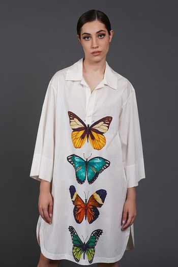 Buy Samant Chauhan White Cotton Collared Graphic Wing Shirt Dress Online at Aza Fashions Buy_Samant Chauhan_White Cotton Collared Graphic Wing Shirt Dress _Online_at_Aza_Fashions