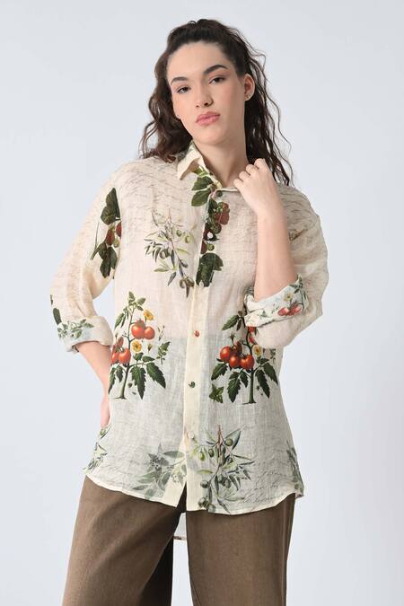 Samant Chauhan_Beige Linen Collared Garden Shirt _Online_at_Aza_Fashions