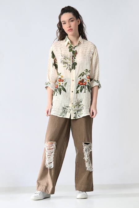 Shop_Samant Chauhan_Beige Linen Collared Garden Shirt _Online_at_Aza_Fashions