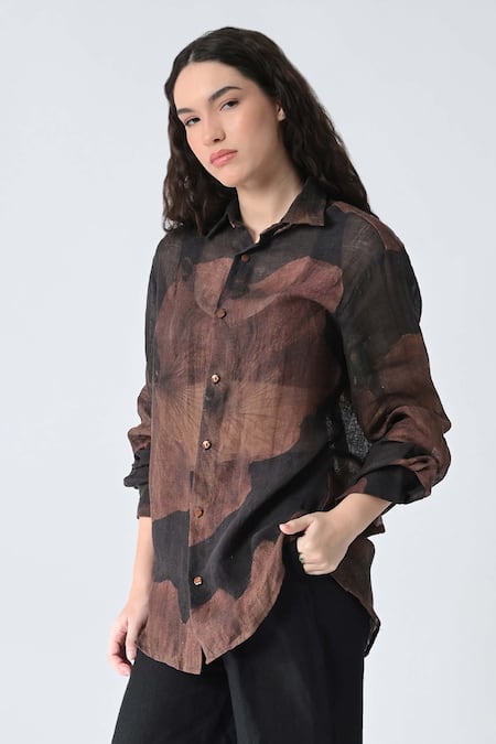 Samant Chauhan_Brown Linen Collared Bloom Shirt _Online_at_Aza_Fashions