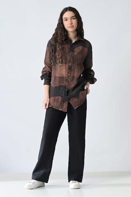 Buy_Samant Chauhan_Brown Linen Collared Bloom Shirt _Online_at_Aza_Fashions