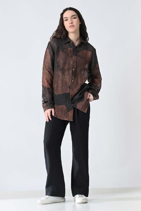 Shop_Samant Chauhan_Brown Linen Collared Bloom Shirt _Online_at_Aza_Fashions