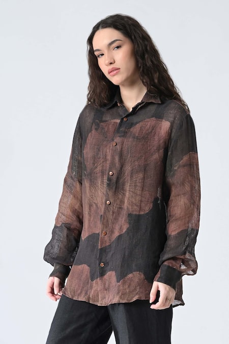 Samant Chauhan_Brown Linen Collared Bloom Shirt _at_Aza_Fashions