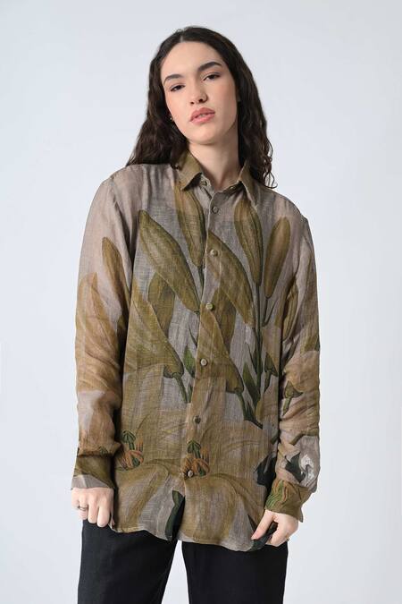 Samant Chauhan_Gray Linen Collared Grace Leaf Shirt _Online_at_Aza_Fashions