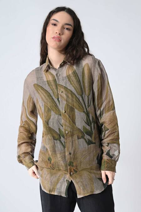 Buy_Samant Chauhan_Gray Linen Collared Grace Leaf Shirt _Online_at_Aza_Fashions