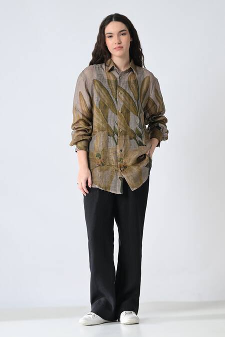 Shop_Samant Chauhan_Gray Linen Collared Grace Leaf Shirt _Online_at_Aza_Fashions
