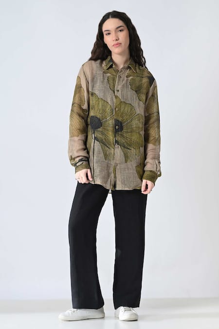 Buy_Samant Chauhan_Green Linen Collared Spring Petal Shirt _Online_at_Aza_Fashions