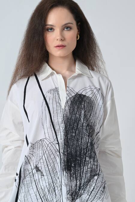 Samant Chauhan_White Cotton Collared Midnight Leaf Shirt _at_Aza_Fashions