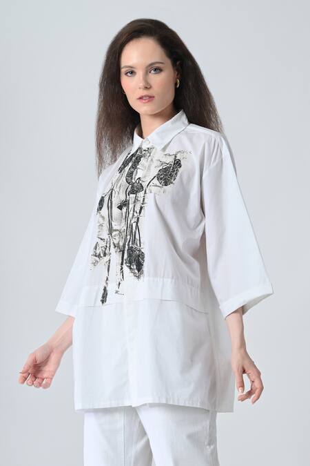 Buy_Samant Chauhan_White Cotton Collared Branch Bloom Designer Shirt _Online_at_Aza_Fashions