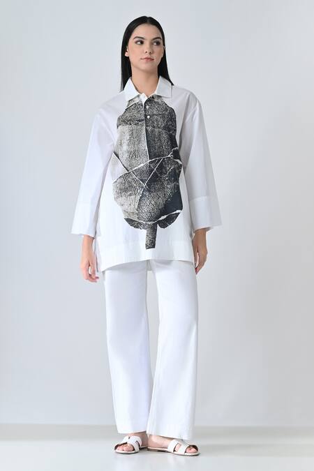 Samant Chauhan_White Cotton Collared Leaf Drift Shirt _Online_at_Aza_Fashions