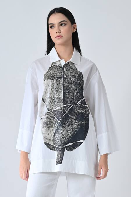 Buy_Samant Chauhan_White Cotton Collared Leaf Drift Shirt _Online_at_Aza_Fashions