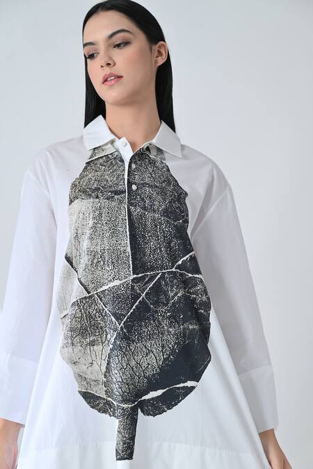 Shop_Samant Chauhan_White Cotton Collared Leaf Drift Shirt _Online_at_Aza_Fashions