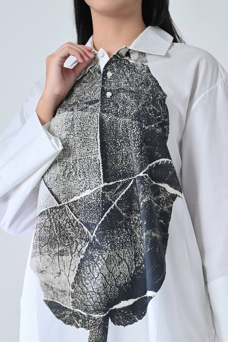 Samant Chauhan_White Cotton Collared Leaf Drift Shirt _at_Aza_Fashions