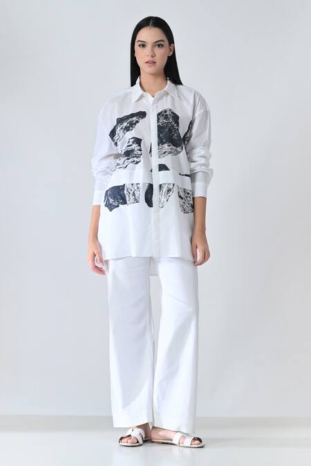 Samant Chauhan White Cotton Collared Black Stone Print Shirt Online at Aza Fashions Samant Chauhan_White Cotton Collared Black Stone Print Shirt _Online_at_Aza_Fashions