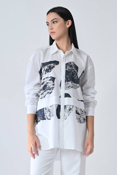 Shop Samant Chauhan White Cotton Collared Black Stone Print Shirt Online at Aza Fashions Shop_Samant Chauhan_White Cotton Collared Black Stone Print Shirt _Online_at_Aza_Fashions