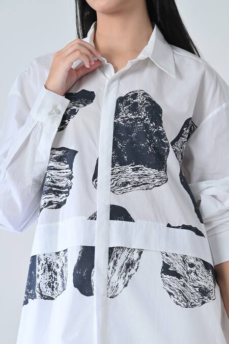 Samant Chauhan White Cotton Collared Black Stone Print Shirt at Aza Fashions Samant Chauhan_White Cotton Collared Black Stone Print Shirt _at_Aza_Fashions