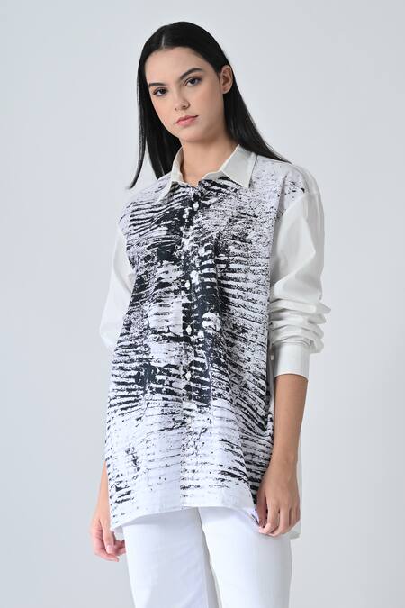 Shop_Samant Chauhan_White Cotton Collared Shatter Ink Designer Shirt _Online_at_Aza_Fashions