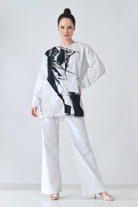 Samant Chauhan_White Cotton Round Neck Ink Print Shirt _Online_at_Aza_Fashions