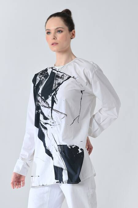 Shop_Samant Chauhan_White Cotton Round Neck Ink Print Shirt _Online_at_Aza_Fashions