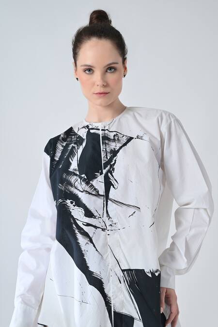 Buy_Samant Chauhan_White Cotton Round Neck Ink Print Shirt 