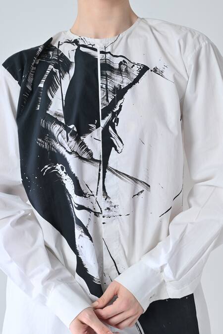 Shop_Samant Chauhan_White Cotton Round Neck Ink Print Shirt 