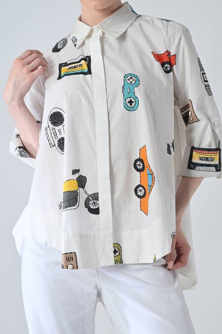 Shop_Samant Chauhan_White Cotton Collared Past Scribble Shirt _Online_at_Aza_Fashions