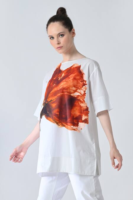 Shop_Samant Chauhan_White Cotton Round Neck Crimson Garden Printed Top _Online_at_Aza_Fashions