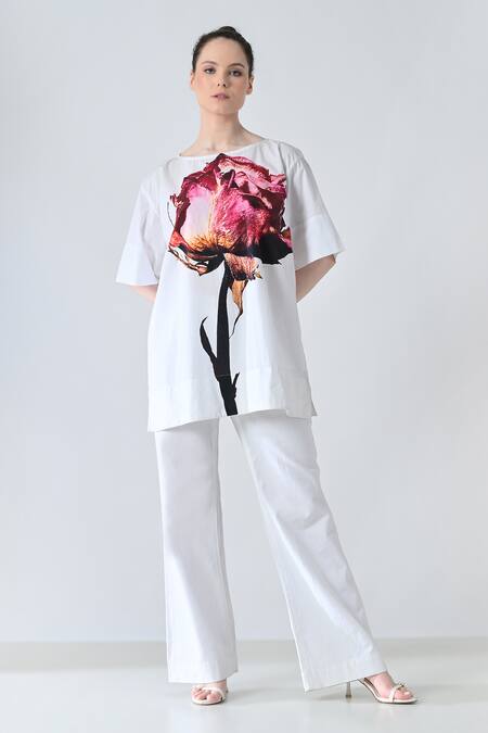 Buy_Samant Chauhan_White Cotton Round Neck Velvet Petals Top _Online_at_Aza_Fashions