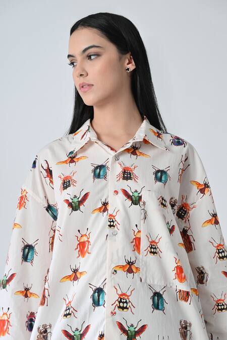 Shop_Samant Chauhan_Off White Cotton Collared Crawl Pattern Shirt _Online_at_Aza_Fashions