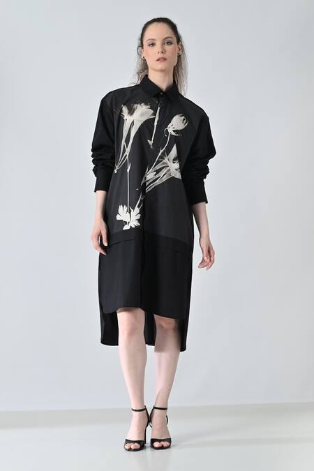Samant Chauhan_Black Cotton Collared Floral Print Shirt Dress _Online_at_Aza_Fashions