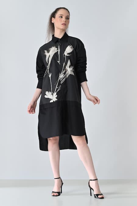 Samant Chauhan Floral Print Black Shirt Dress 