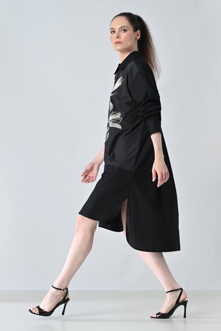 Buy_Samant Chauhan_Black Cotton Collared Floral Print Shirt Dress _Online_at_Aza_Fashions