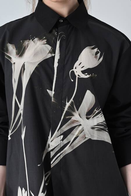 Shop_Samant Chauhan_Black Cotton Collared Floral Print Shirt Dress _Online_at_Aza_Fashions