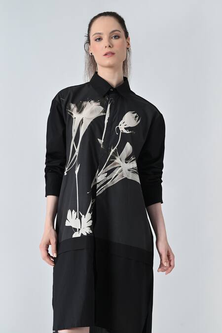 Samant Chauhan_Black Cotton Collared Floral Print Shirt Dress _at_Aza_Fashions
