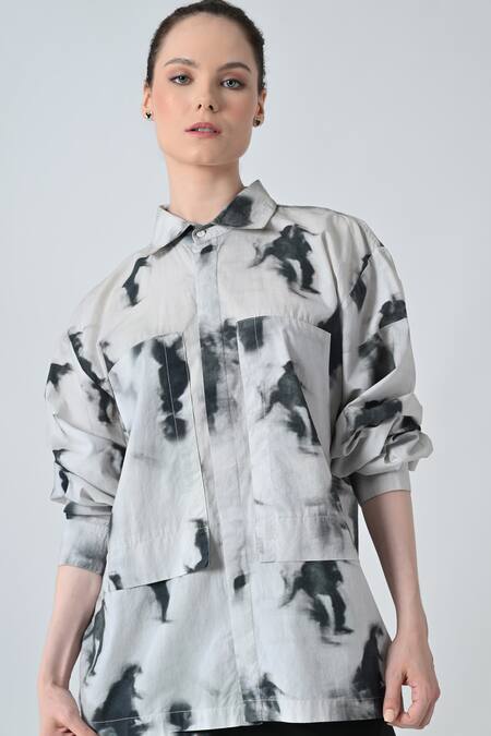 Samant Chauhan_Gray Cotton Collared Grey Tie And Dye Shirt _Online_at_Aza_Fashions