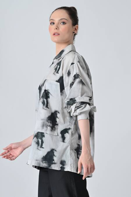 Shop_Samant Chauhan_Gray Cotton Collared Grey Tie And Dye Shirt _Online_at_Aza_Fashions