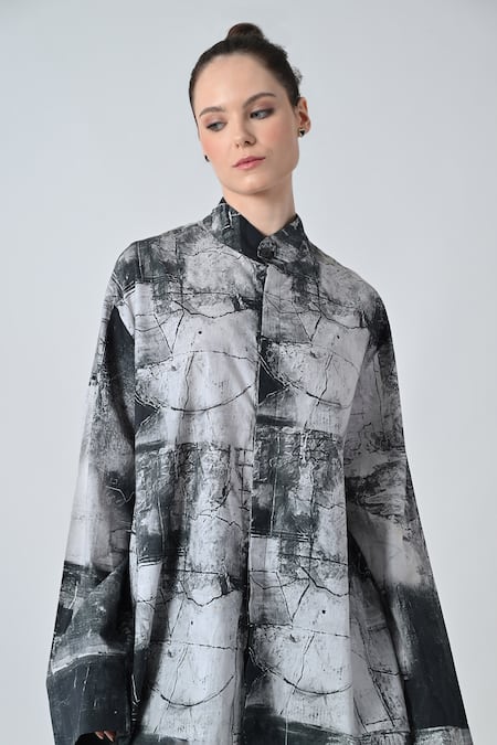 Buy_Samant Chauhan_Gray Cotton Mandarin Collar Cracked Print Designer Shirt _Online_at_Aza_Fashions