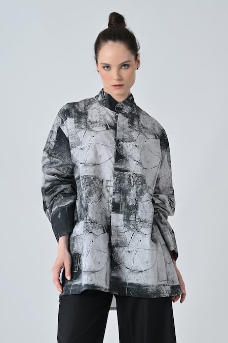 Shop_Samant Chauhan_Gray Cotton Mandarin Collar Cracked Print Designer Shirt _Online_at_Aza_Fashions