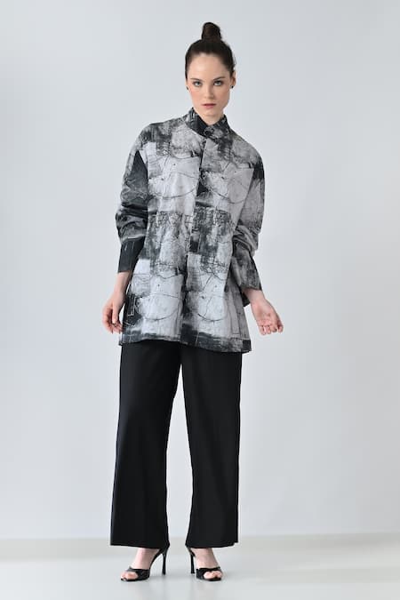 Samant Chauhan_Gray Cotton Mandarin Collar Cracked Print Designer Shirt _at_Aza_Fashions