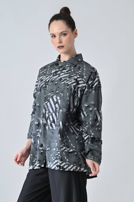 Buy_Samant Chauhan_Gray Cotton Collared Designer Form Lines Shirt _Online_at_Aza_Fashions