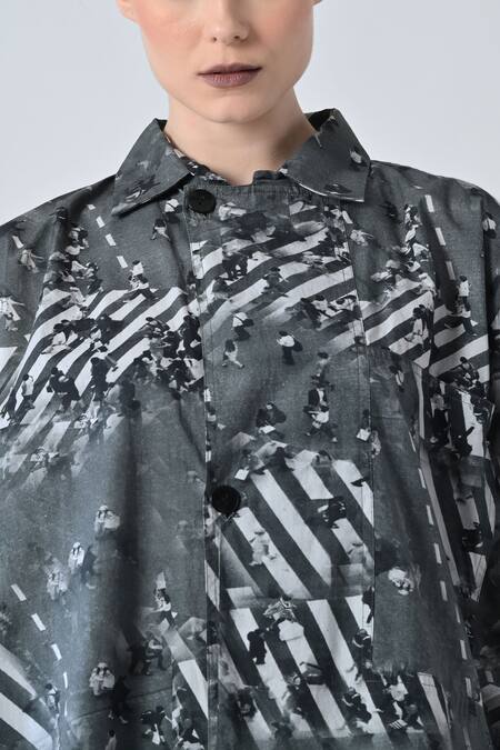 Shop_Samant Chauhan_Gray Cotton Collared Designer Form Lines Shirt _Online_at_Aza_Fashions