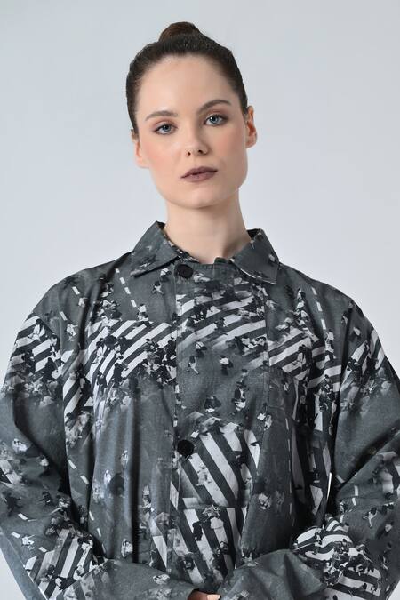 Samant Chauhan_Gray Cotton Collared Designer Form Lines Shirt _at_Aza_Fashions