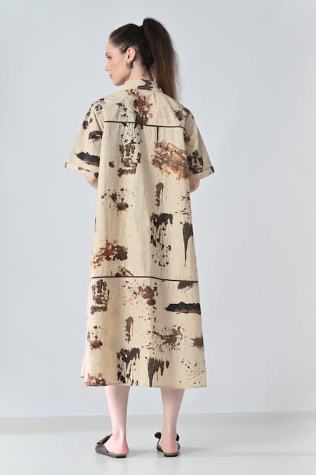 Shop Samant Chauhan Beige Cotton Collared Abstract Print Shirt Dress at Aza Fashions Shop_Samant Chauhan_Beige Cotton Collared Abstract Print Shirt Dress _at_Aza_Fashions