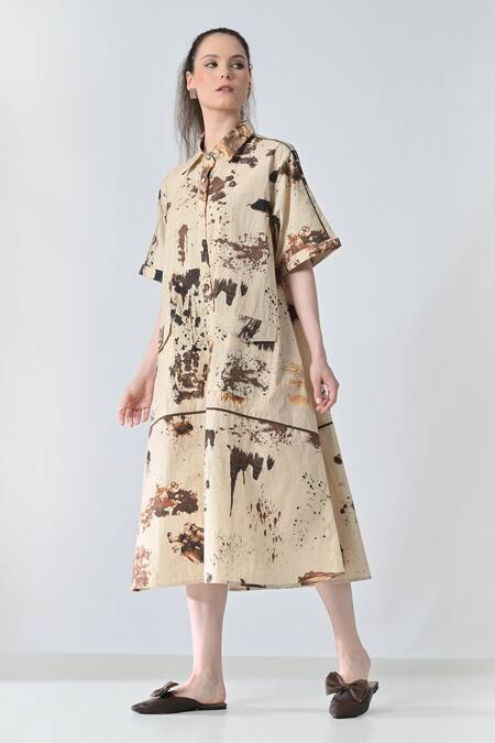 Buy Samant Chauhan Beige Cotton Collared Abstract Print Shirt Dress Online at Aza Fashions Buy_Samant Chauhan_Beige Cotton Collared Abstract Print Shirt Dress _Online_at_Aza_Fashions