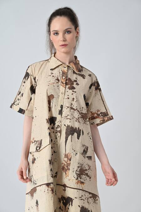Shop Samant Chauhan Beige Cotton Collared Abstract Print Shirt Dress Online at Aza Fashions Shop_Samant Chauhan_Beige Cotton Collared Abstract Print Shirt Dress _Online_at_Aza_Fashions